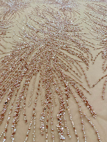 Dantela Couture Auriu Rose cu Model Liniar, cu Perle, Margele si Paiete