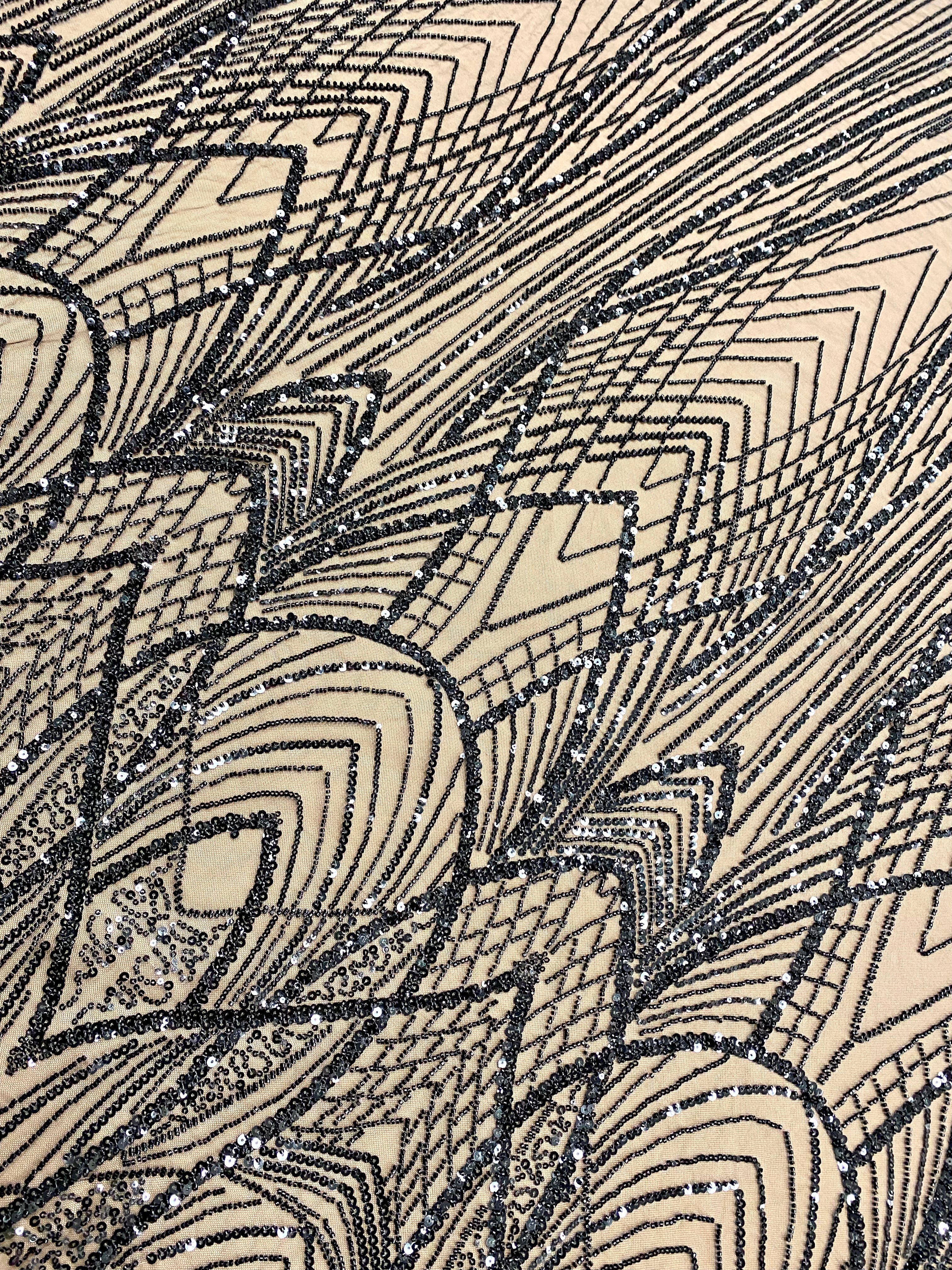 Dantela Couture Neagra cu Panou, cu Margele si Paiete