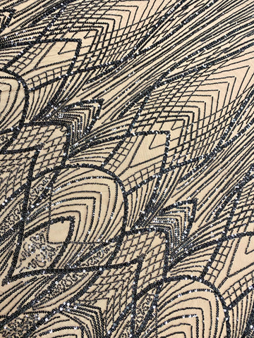 Dantela Couture Neagra cu Panou, cu Margele si Paiete