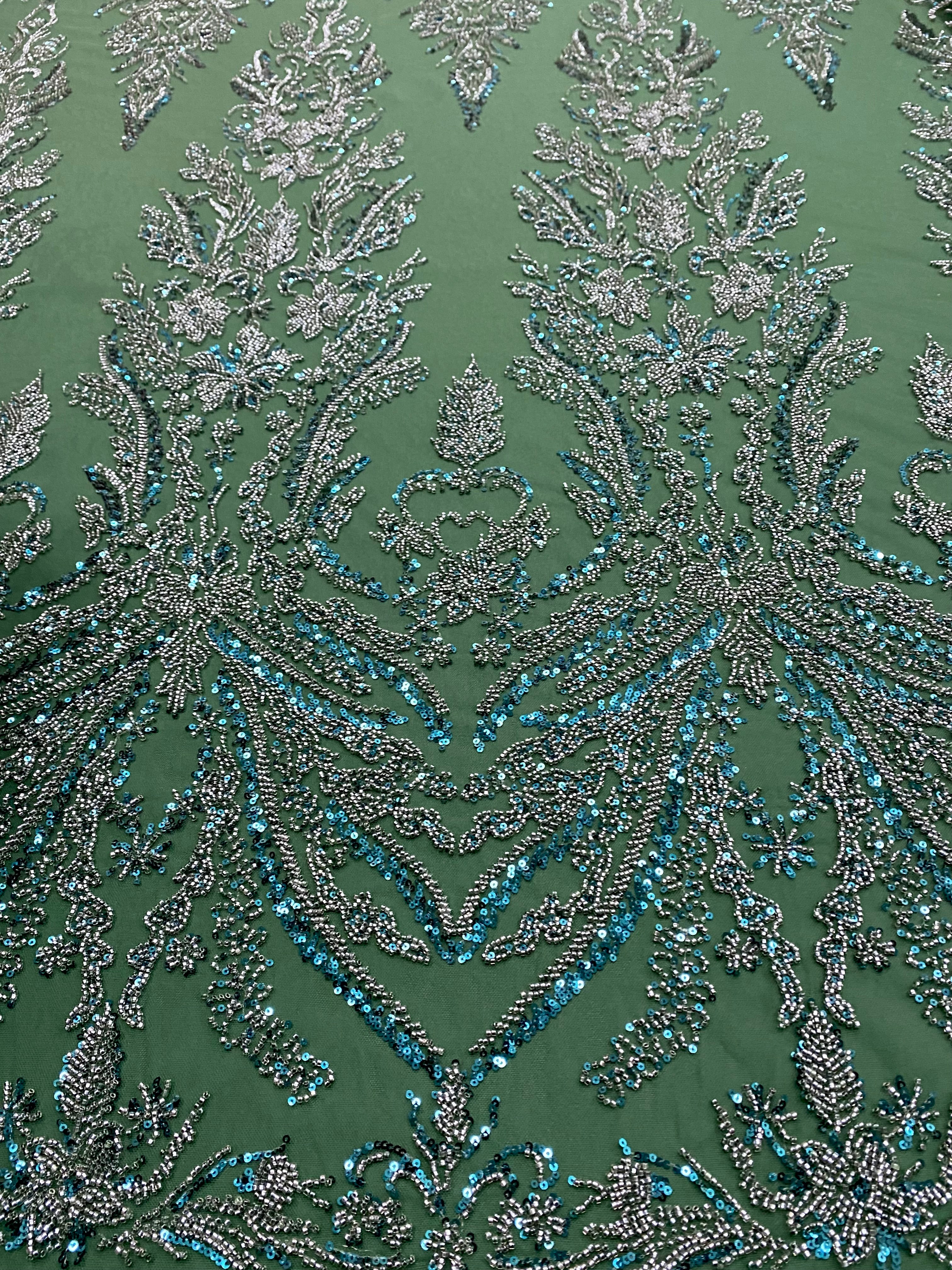 Dantela Couture Verde Smarald cu Model Floral, cu Margele si Paiete