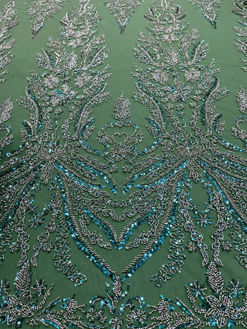 Dantela Couture Verde Smarald cu Model Floral, cu Margele si Paiete