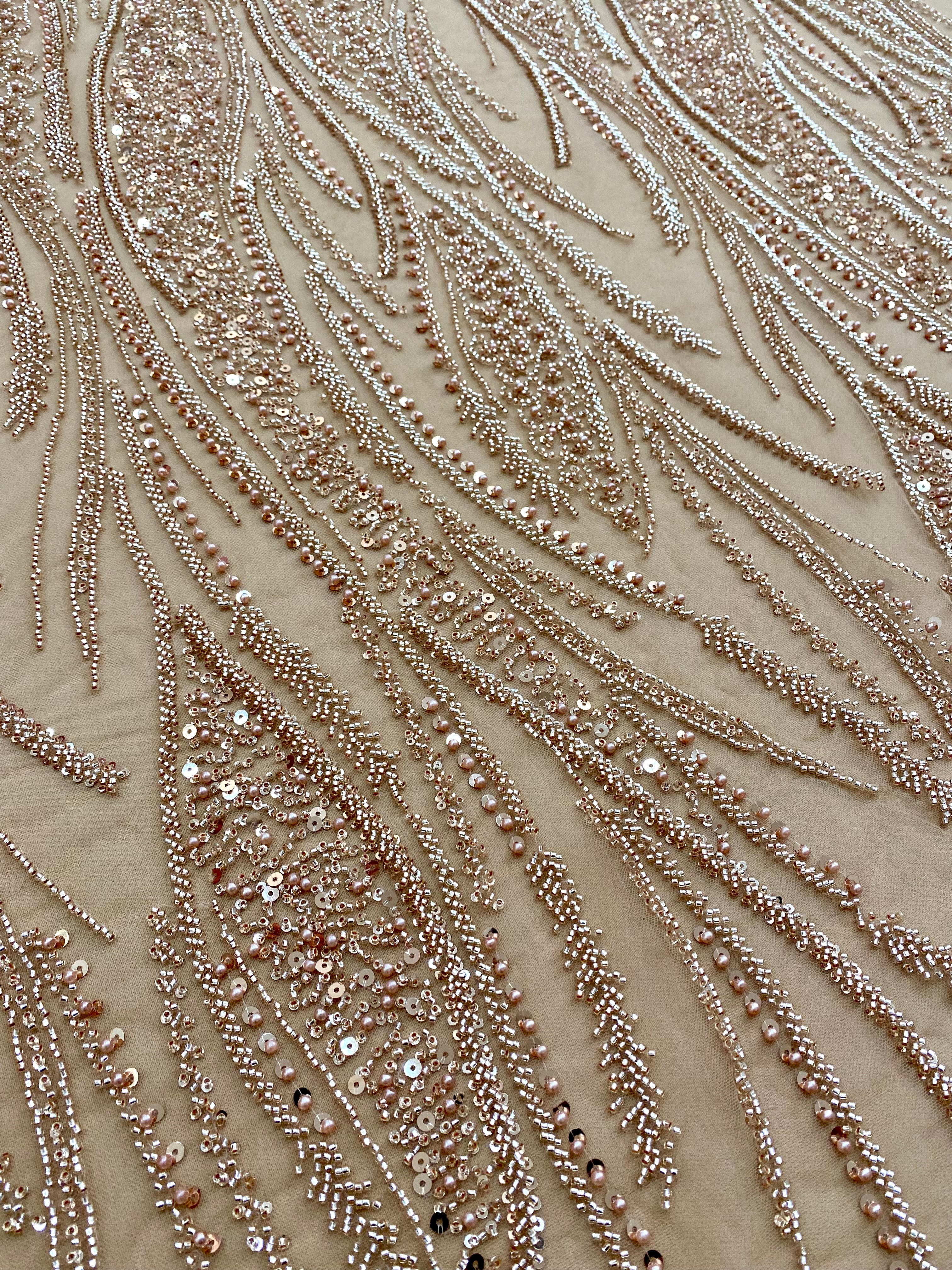 Dantela Couture Auriu Rose cu Panou, cu Perle, Margele si Paiete