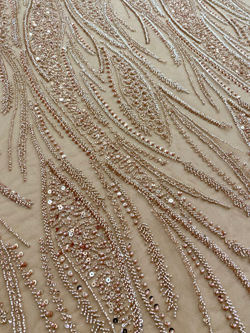 Dantela Couture Auriu Rose cu Panou, cu Perle, Margele si Paiete