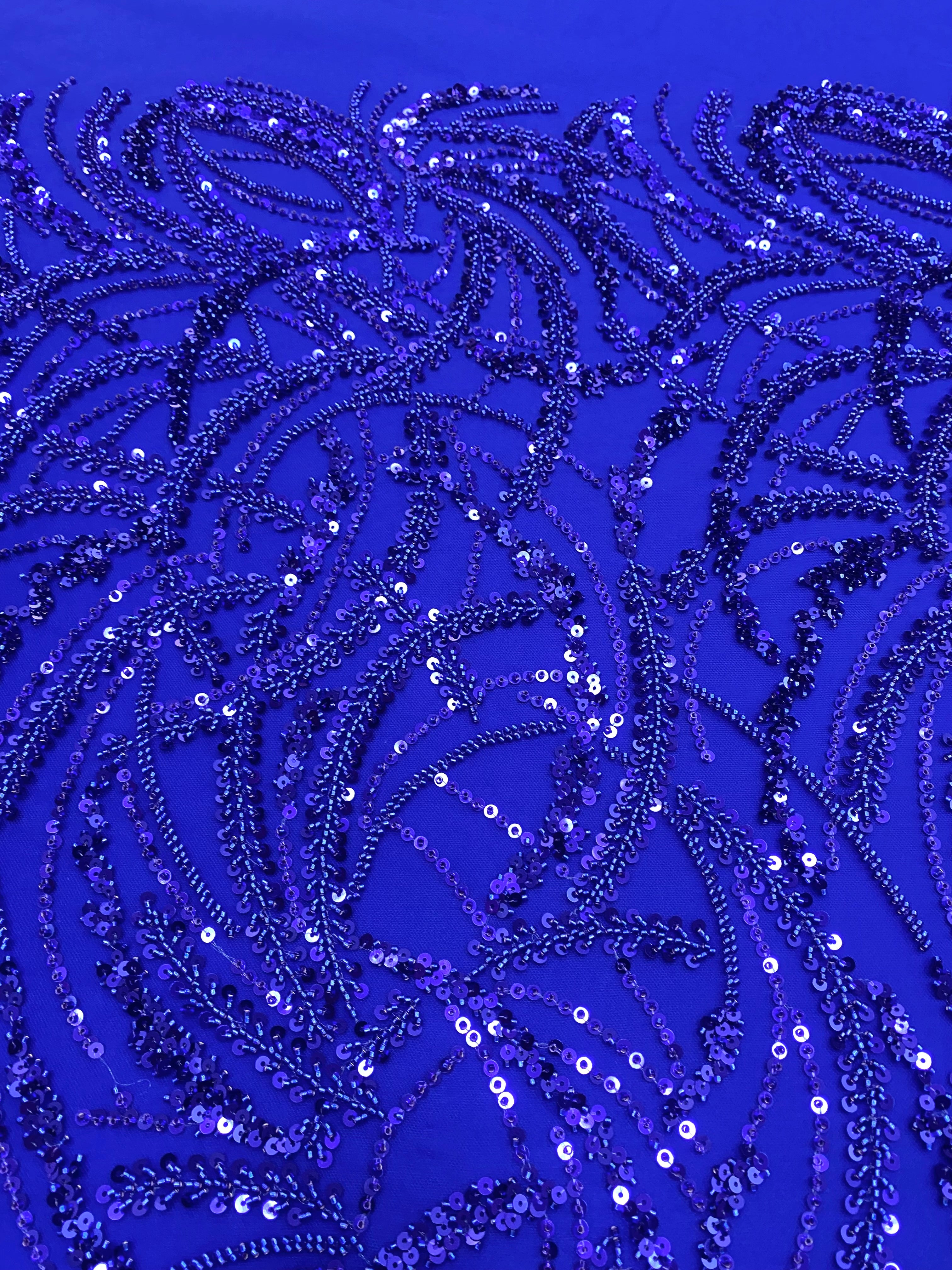 Dantela Couture Albastru Royal cu Model Geometric, Margele si Paiete