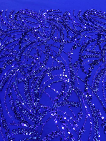 Dantela Couture Albastru Royal cu Model Geometric, Margele si Paiete