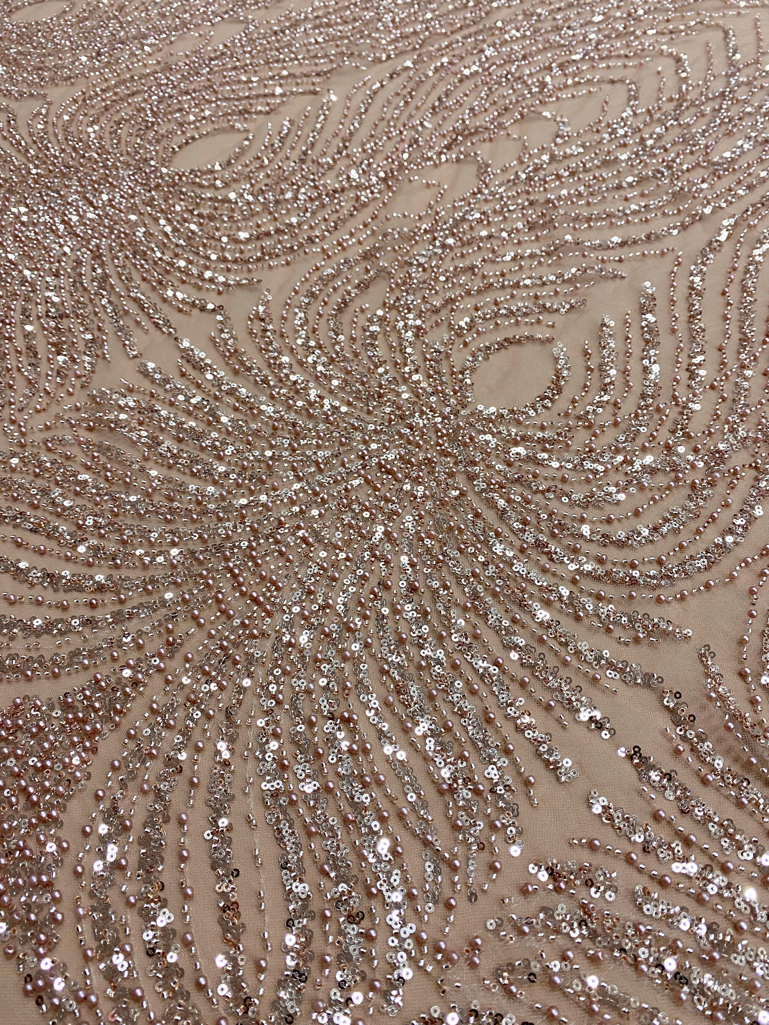 Dantela Couture Auriu Rose cu Panou, cu Perle, Margele si Paiete