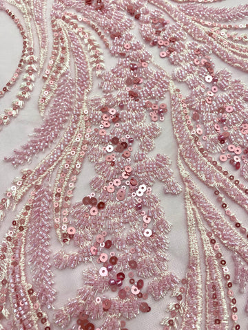 Dantela Couture Roz cu Model Floral cu Perle, Margele si Paiete