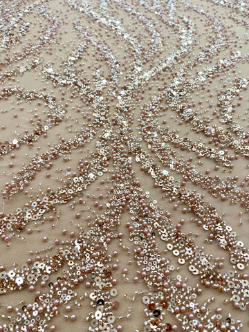 Dantela Couture Auriu Rose cu Perle, Margele si Paiete