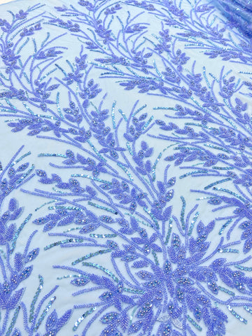 Dantela Couture Sky Blue cu Model Floral, Perle, Margele si Paiete