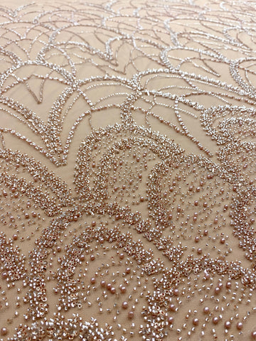 Dantela Couture Auriu Rose cu Model Geometric, cu Perle, Margele si Paiete