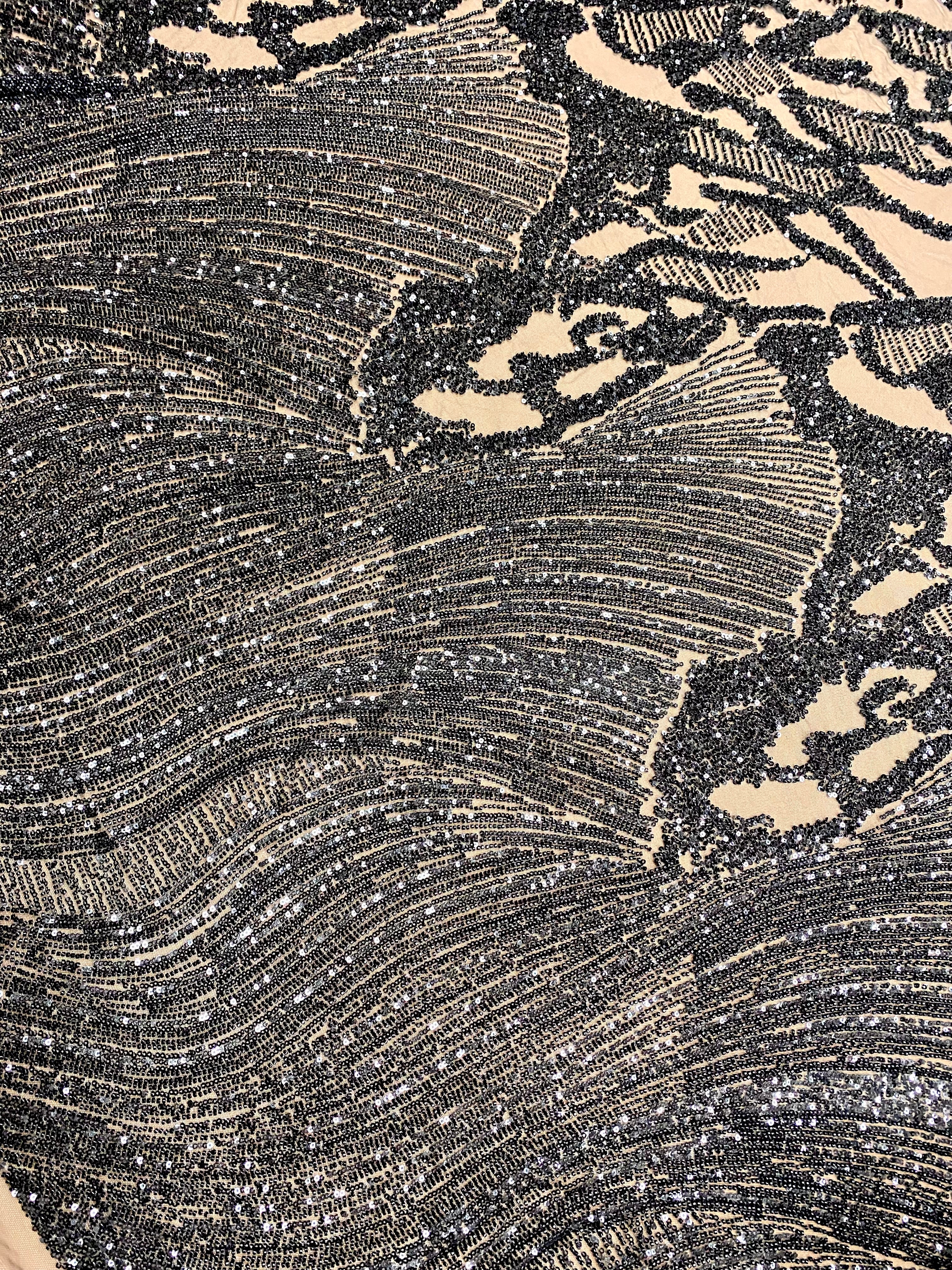 Dantela Couture Neagra cu Model Geometric, cu Margele si Paiete