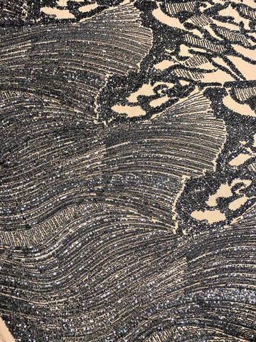 Dantela Couture Neagra cu Model Geometric, cu Margele si Paiete