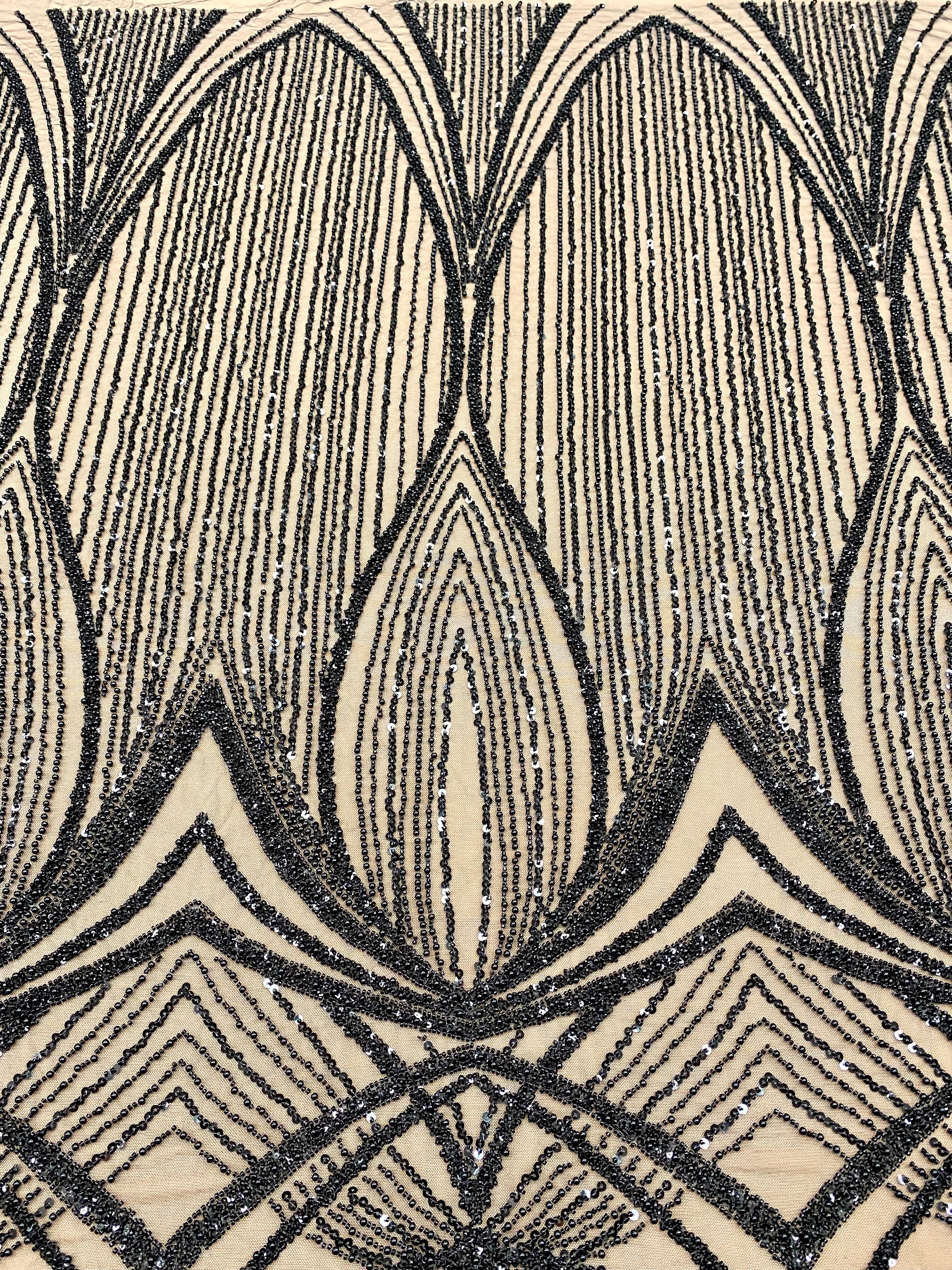 Dantela Couture Neagra cu Model Geometric, cu Perle, Margele si Paiete