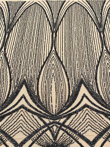 Dantela Couture Neagra cu Model Geometric, cu Perle, Margele si Paiete