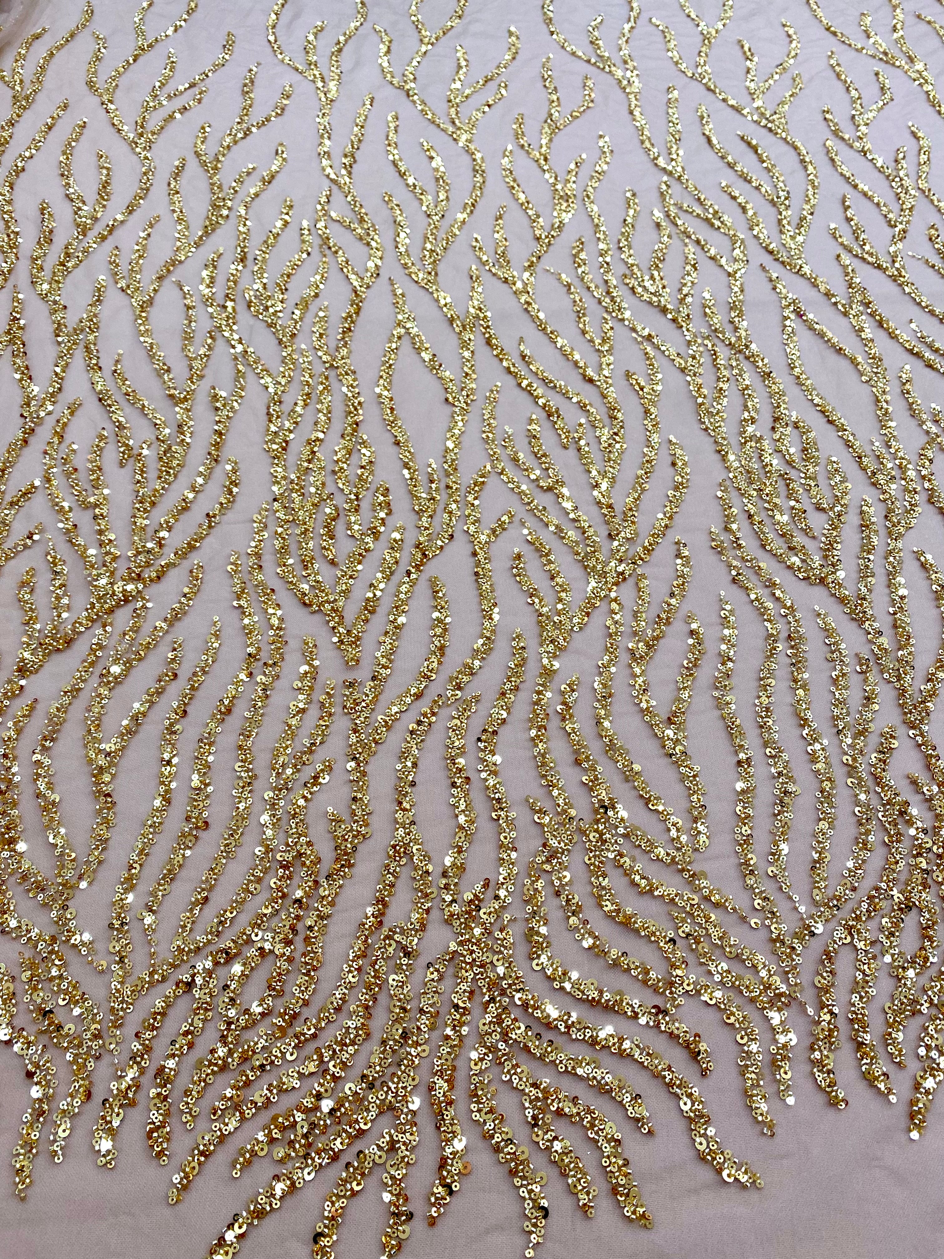 Dantela Couture Aurie cu Siraguri, cu Margele si Paiete