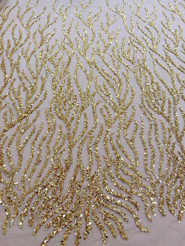 Dantela Couture Aurie cu Siraguri, cu Margele si Paiete