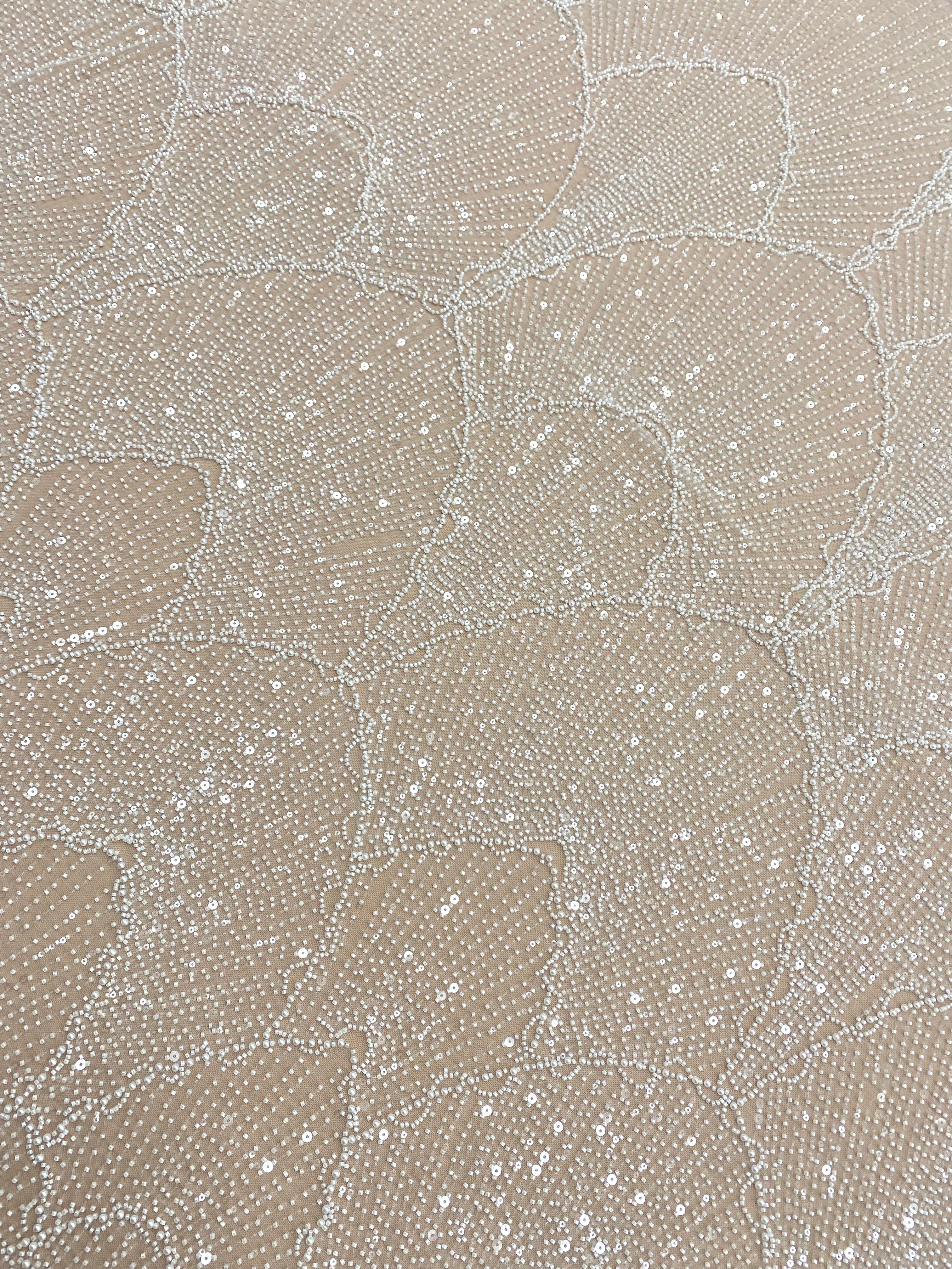 Dantela Couture Ivory cu Model Geometric, cu Perle, Margele si Paiete