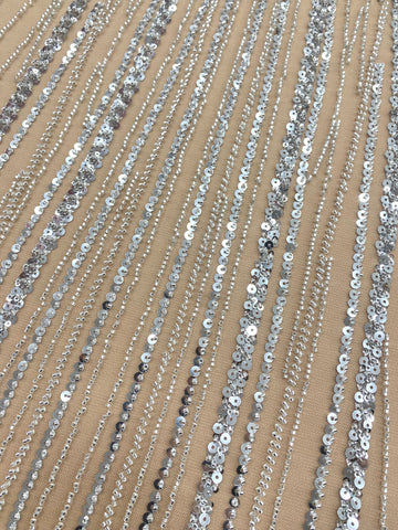 Dantela Couture Argintie pe Tulle Nude cu Panou, cu Margele si Paiete