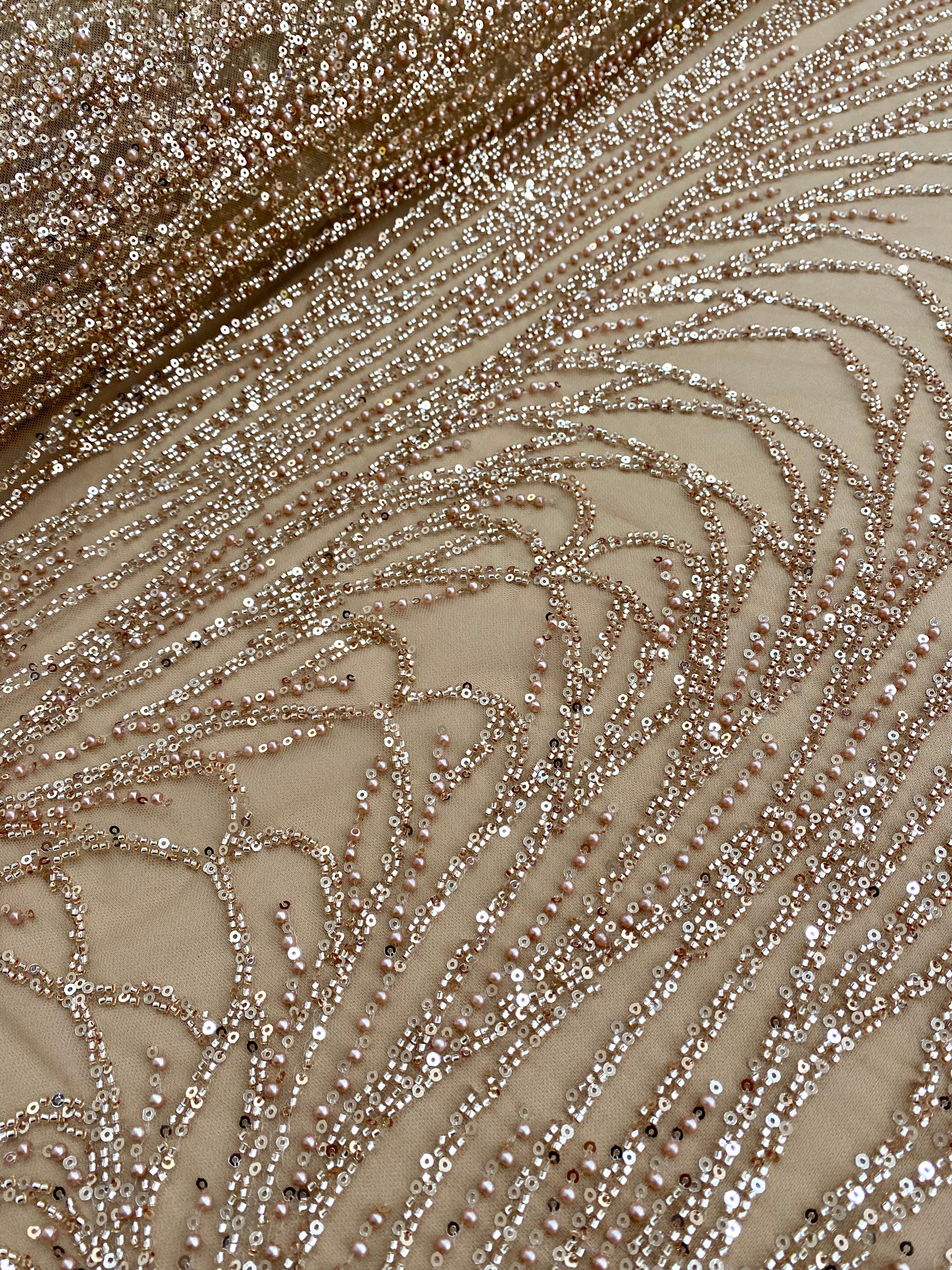 Dantela Couture Auriu Rose cu Model Liniar, cu Margele si Paiete