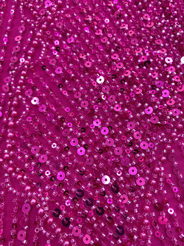 Dantela Couture Fucsia cu Model Geometric, cu Perle, Margele si Paiete