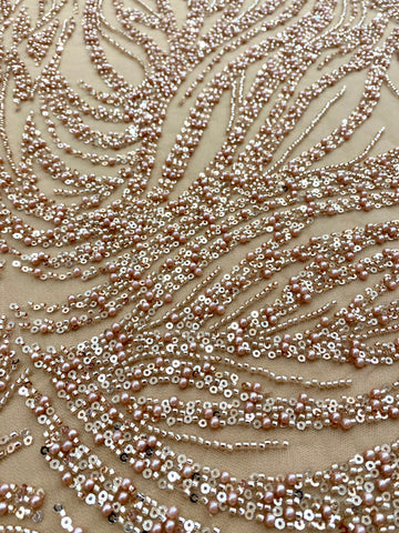 Dantela Couture Auriu Rose cu Model Liniar, cu Margele si Paiete