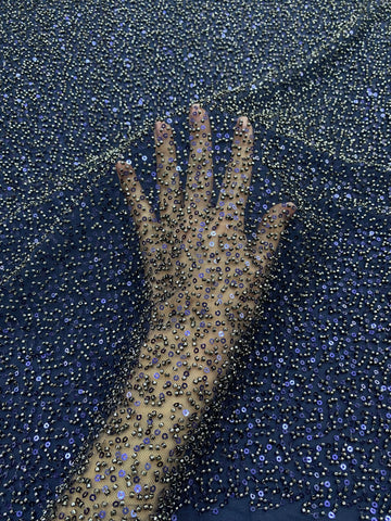 Dantela Couture Bleumarin cu Model General, cu Margele si Paiete