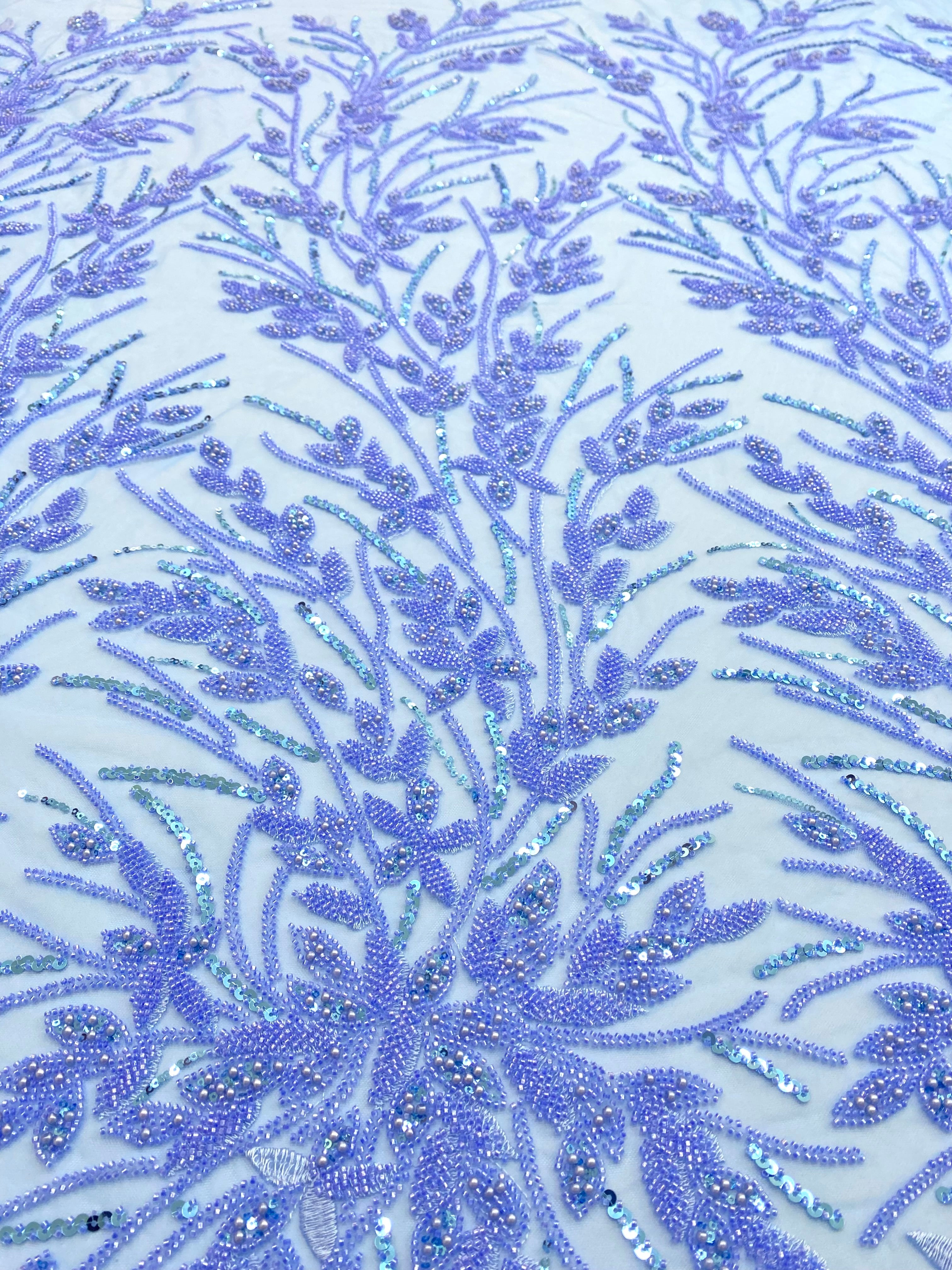 Dantela Couture Sky Blue cu Model Floral, Perle, Margele si Paiete