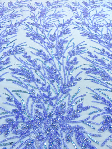 Dantela Couture Sky Blue cu Model Floral, Perle, Margele si Paiete