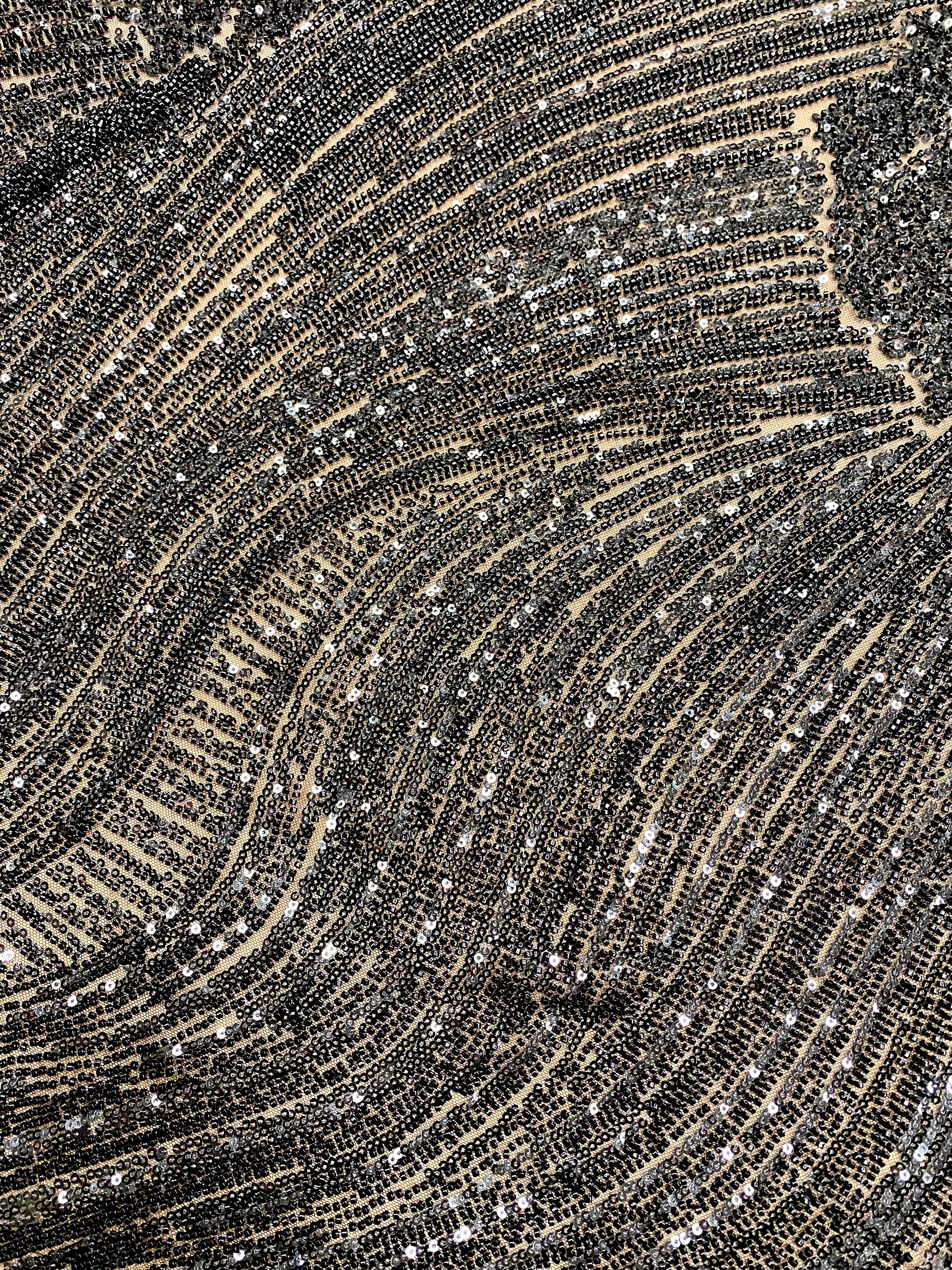 Dantela Couture Neagra cu Model Geometric, cu Margele si Paiete