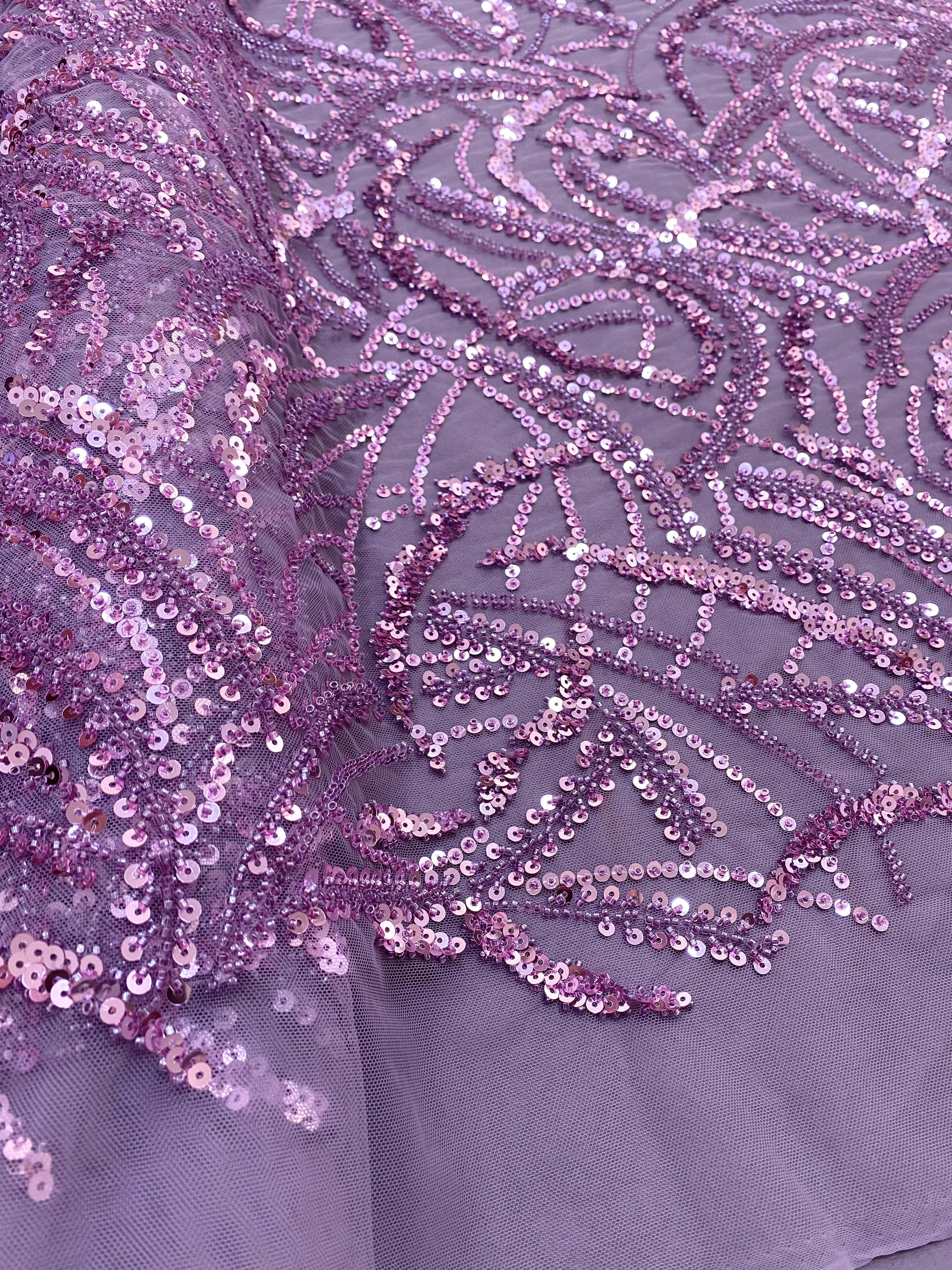 Dantela Couture Pudra cu Model Geometric, Margele si Paiete