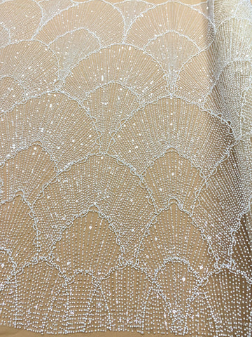 Dantela Couture Ivory cu Tulle Nude cu Model Geometric, cu Perle, Margele si Paiete
