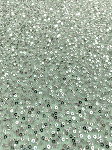 Dantela Couture Argintie pe Tulle Verde Menta cu Model General, cu Margele si Paiete
