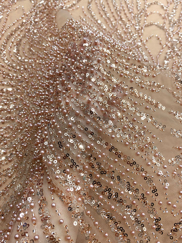 Dantela Couture Auriu Rose cu Panou, cu Perle, Margele si Paiete