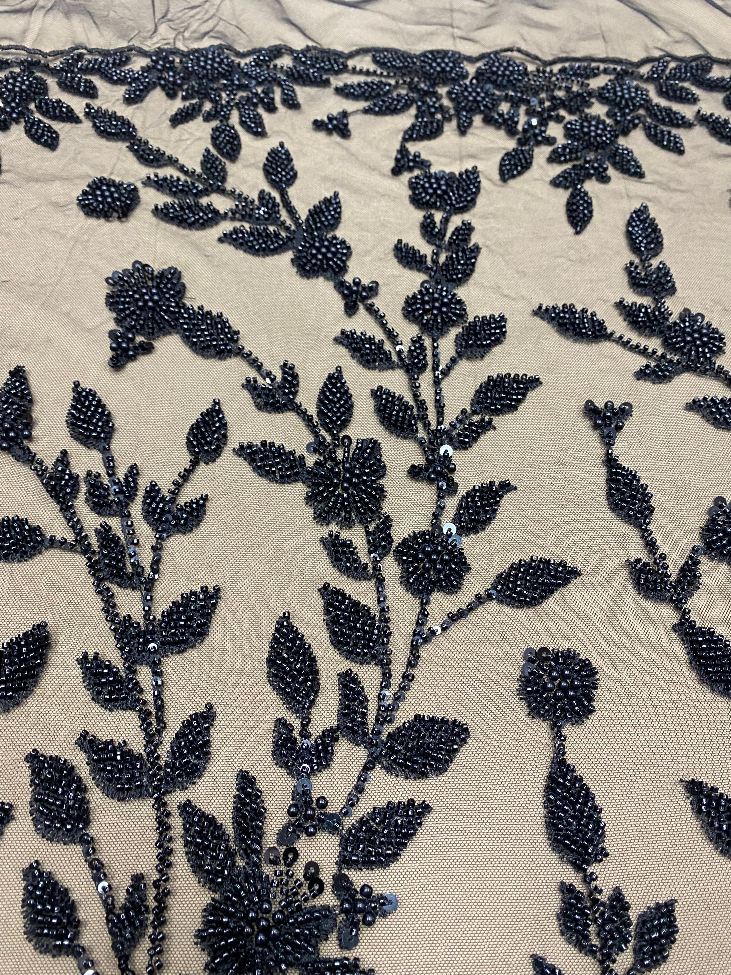 Dantela Couture Neagra cu Model Floral, Perle, Margele si Paiete