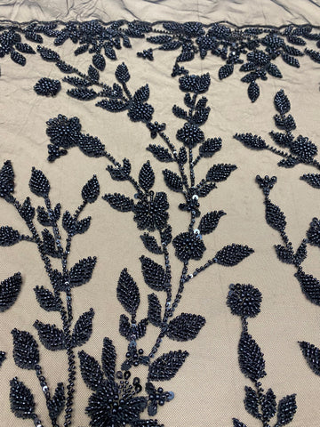 Dantela Couture Neagra cu Model Floral, Perle, Margele si Paiete