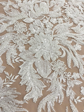 Dantela Couture Ivory cu Model Floral, cu Perle si Paiete
