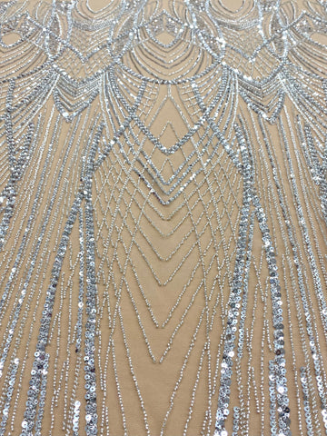 Dantela Couture Argintie pe Tulle Nude cu Panou, cu Margele si Paiete