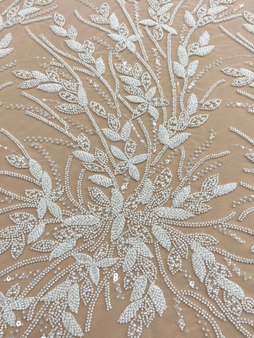 Dantela Couture Ivory cu Model Floral, Perle, Margele si Paiete