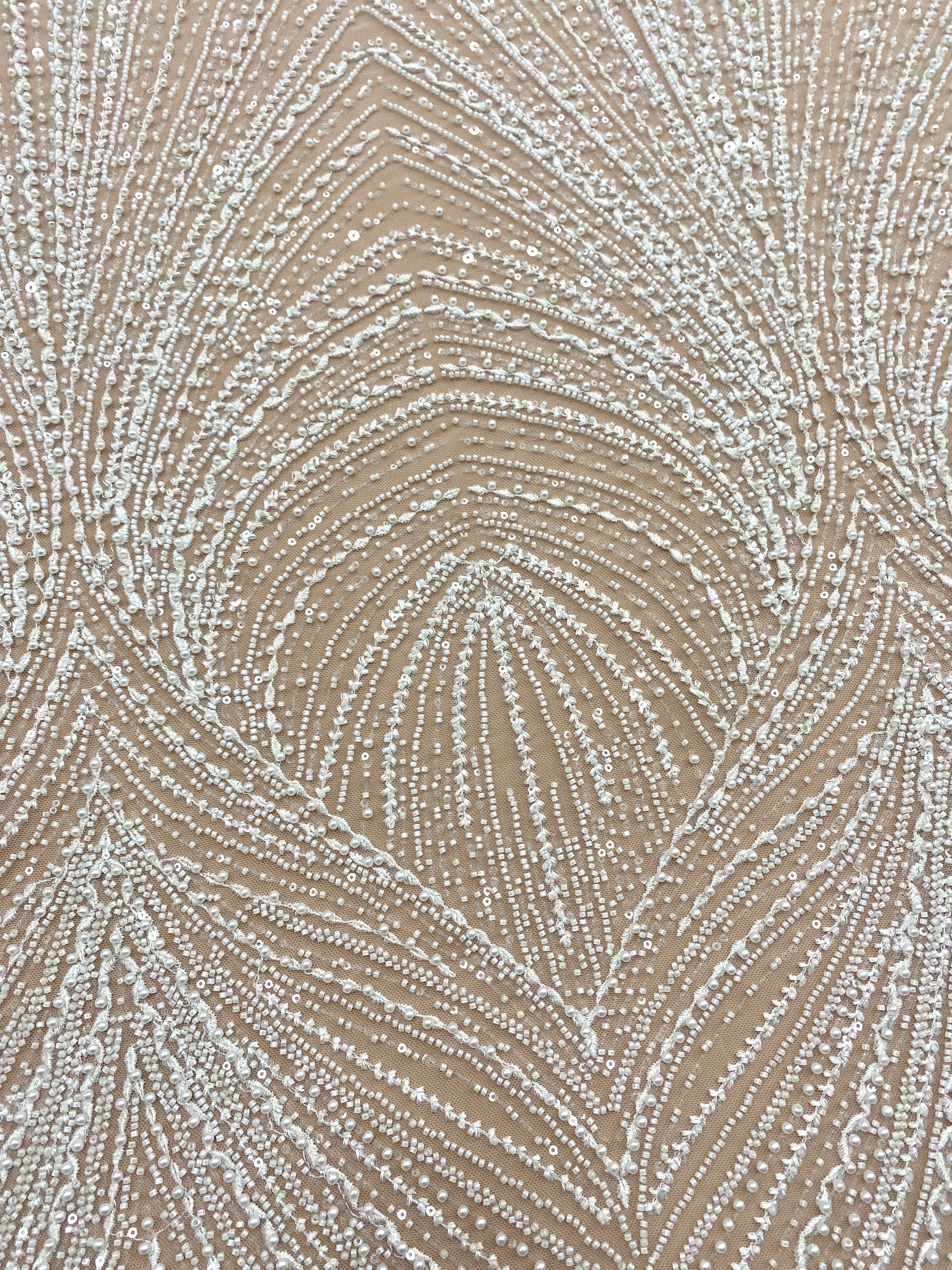 Dantela Couture Ivory cu Model Geometric, cu Perle, Margele si Paiete