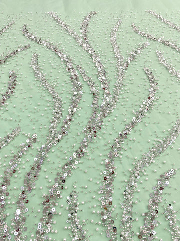 Dantela Couture Argintie pe Tulle Verde Menta cu Perle, Margele si Paiete