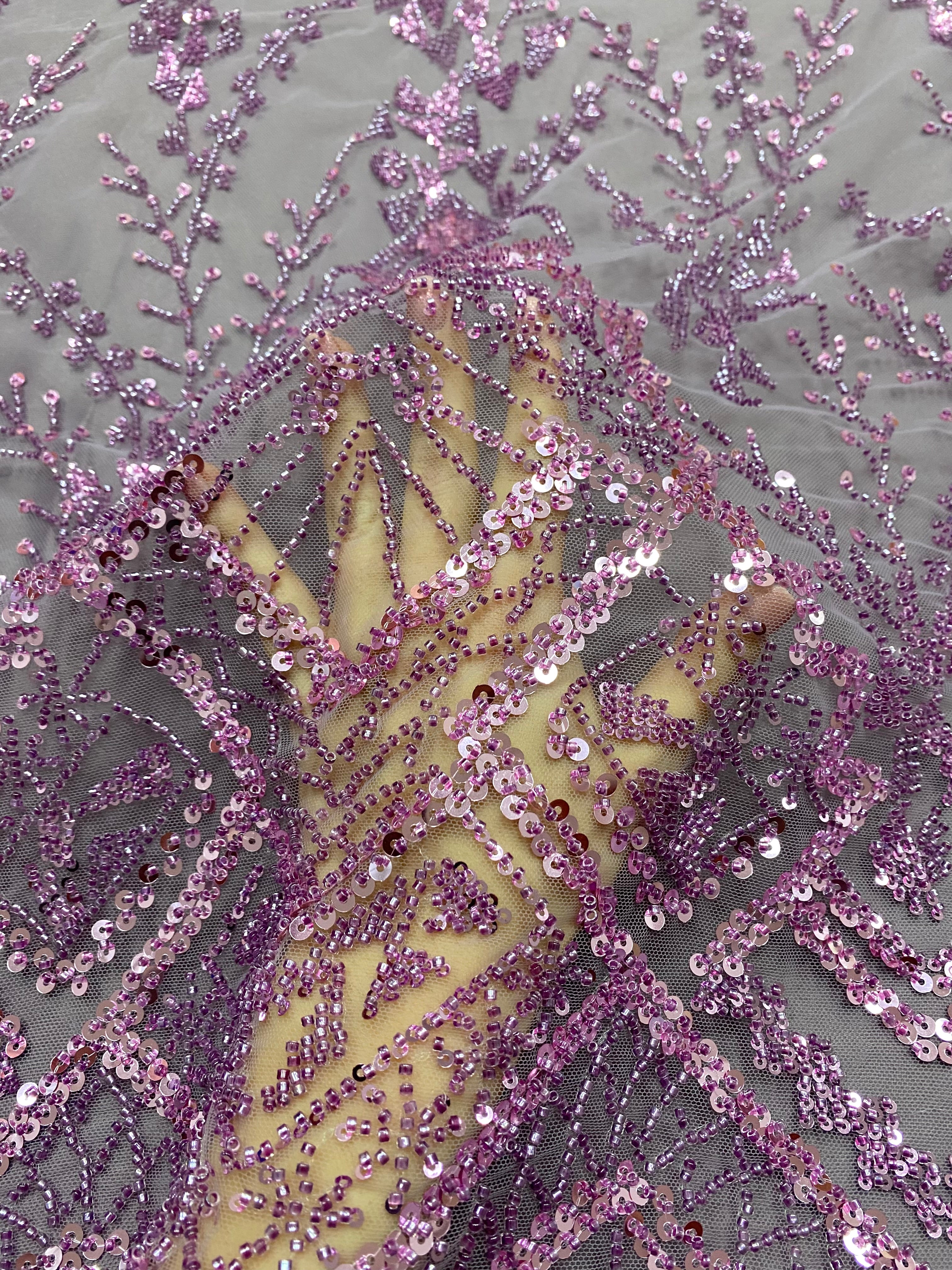 Dantela Couture Pudra cu Model Geometric, cu Margele si Paiete