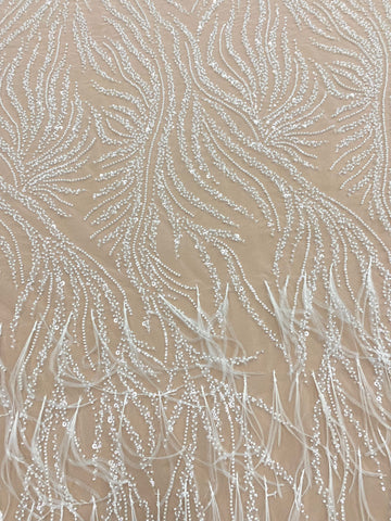 Dantela Couture Ivory cu Pene de Strut, cu Siraguri, cu Margele si Paiete