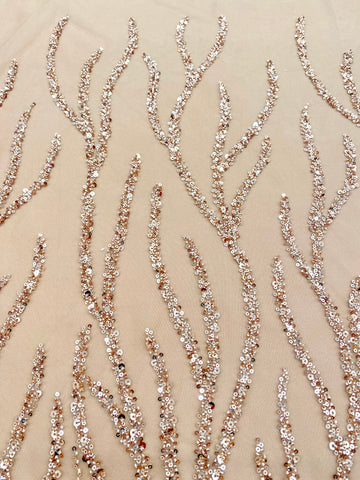 Dantela Couture Auriu Rose cu Siraguri, cu Margele si Paiete