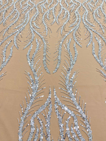 Dantela Couture Argintie pe Tulle Nude cu Panou, cu Margele si Paiete