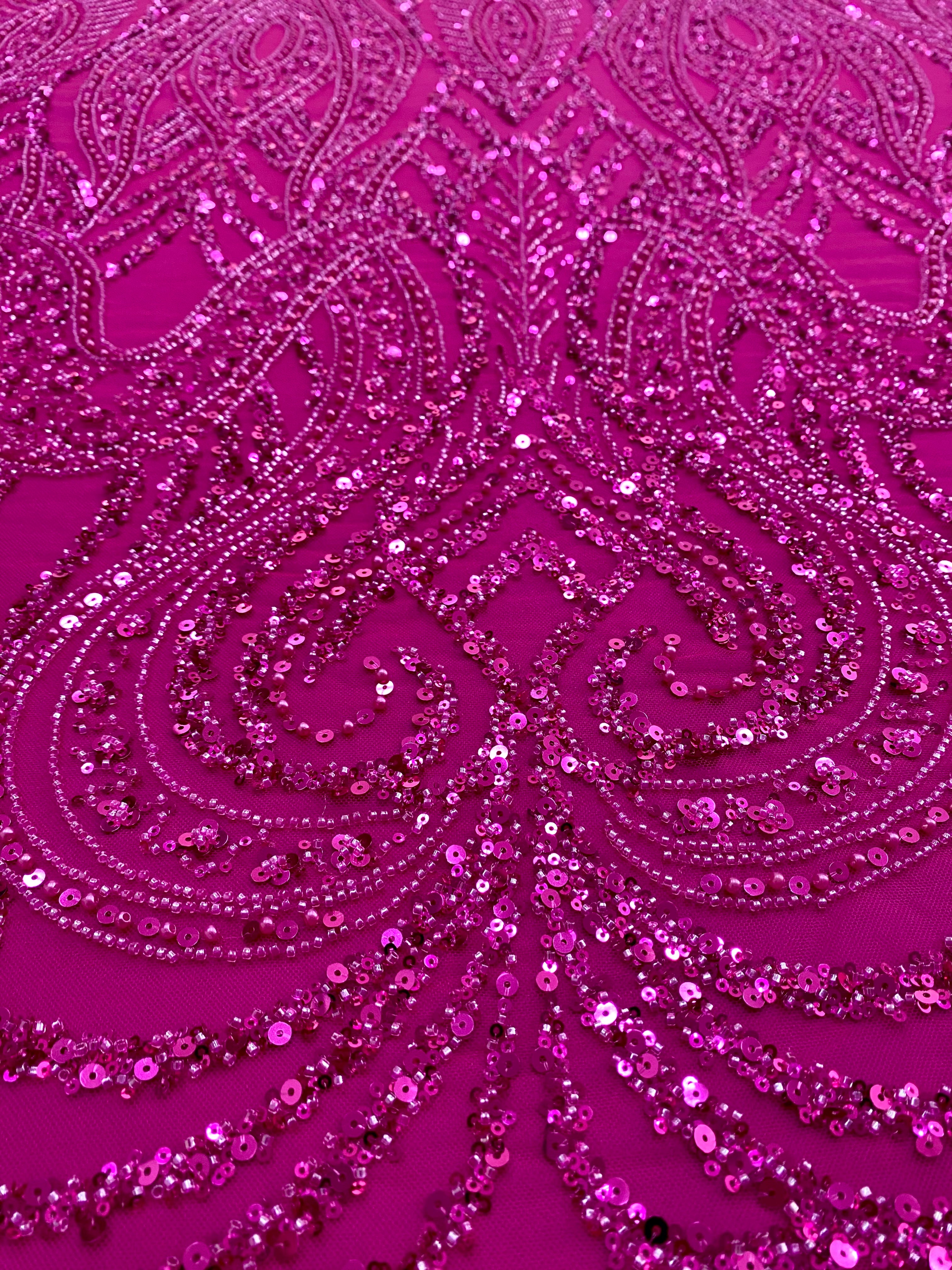 Dantela Couture Fucsia cu Model Geometric, cu Perle, Margele si Paiete