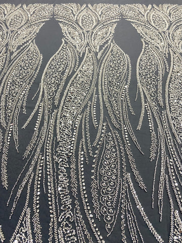 Dantela Couture Argintie pe Tulle Antracit cu Panou, cu Perle, Margele si Paiete