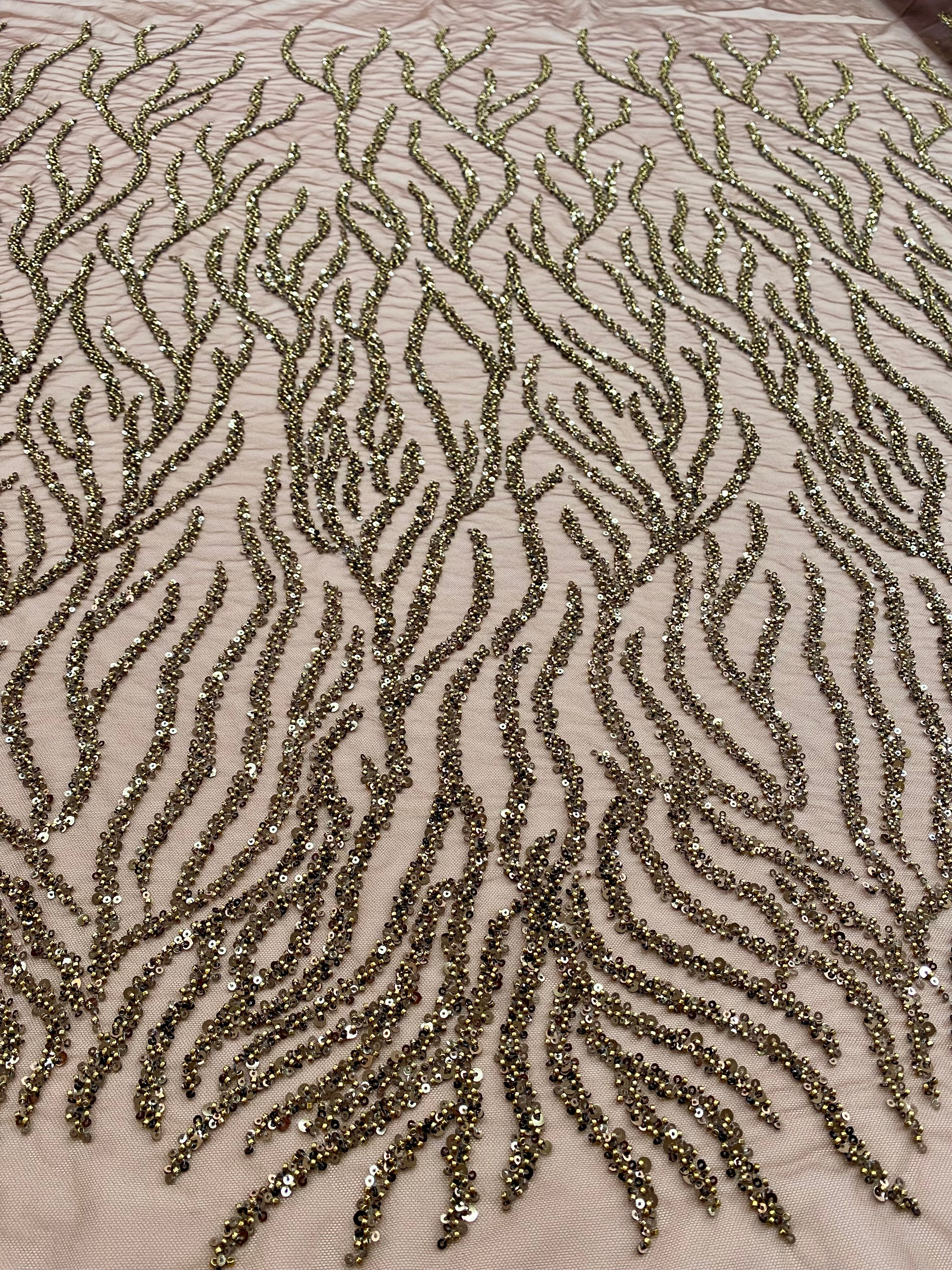 Dantela Couture Auriu Antic Siraguri, cu Margele si Paiete