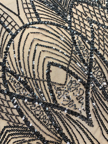 Dantela Couture Neagra cu Panou, cu Margele si Paiete