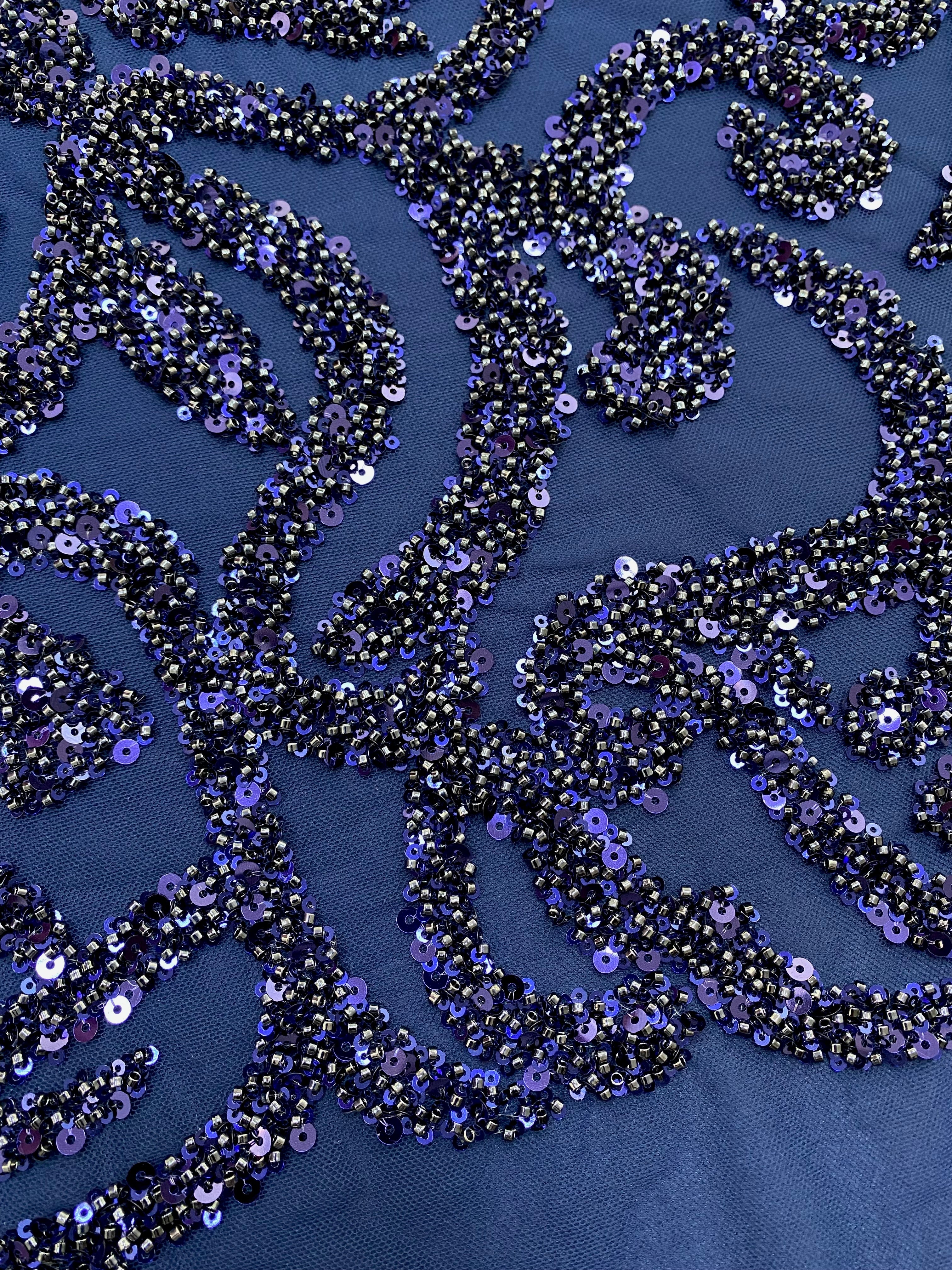 Dantela Couture Bleumarin cu Model Geometric, cu Margele si Paiete