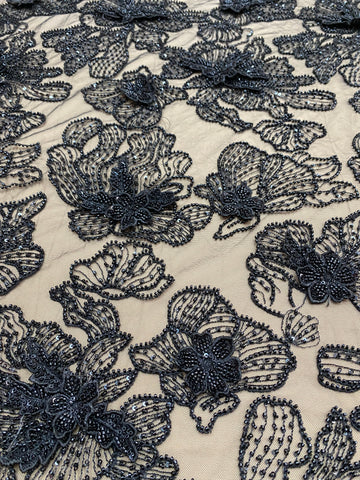 Dantela Couture 3D cu Flori Neagra cu Margele si Paiete